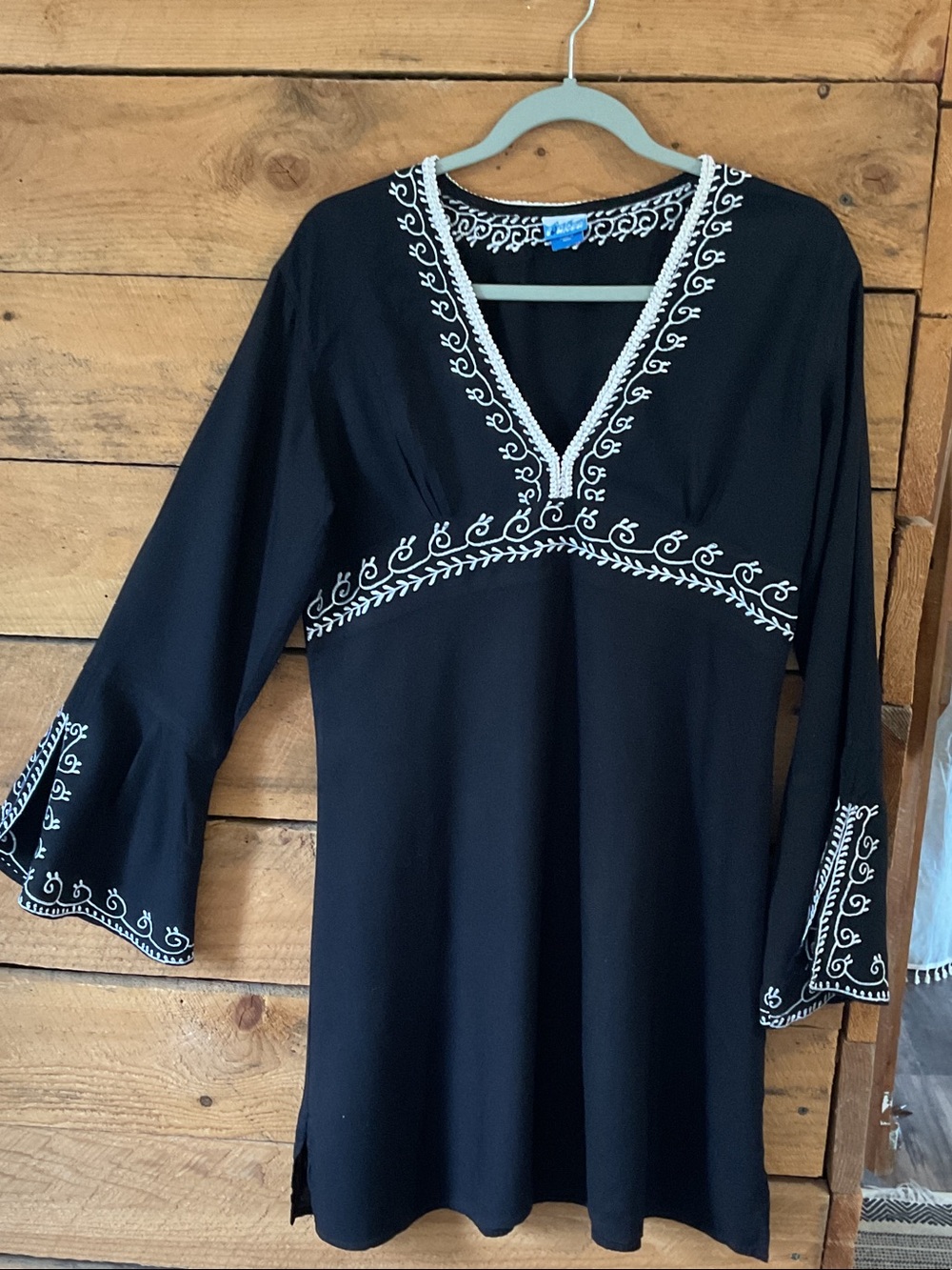 Black Embroidered V-Neck Long Sleeve Women's Dress